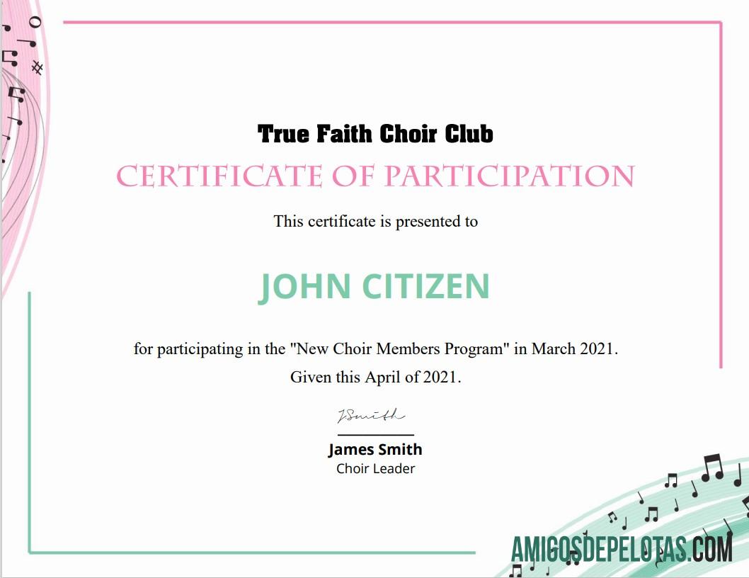 Certificado de Participação do Coro dos EUA exemplo